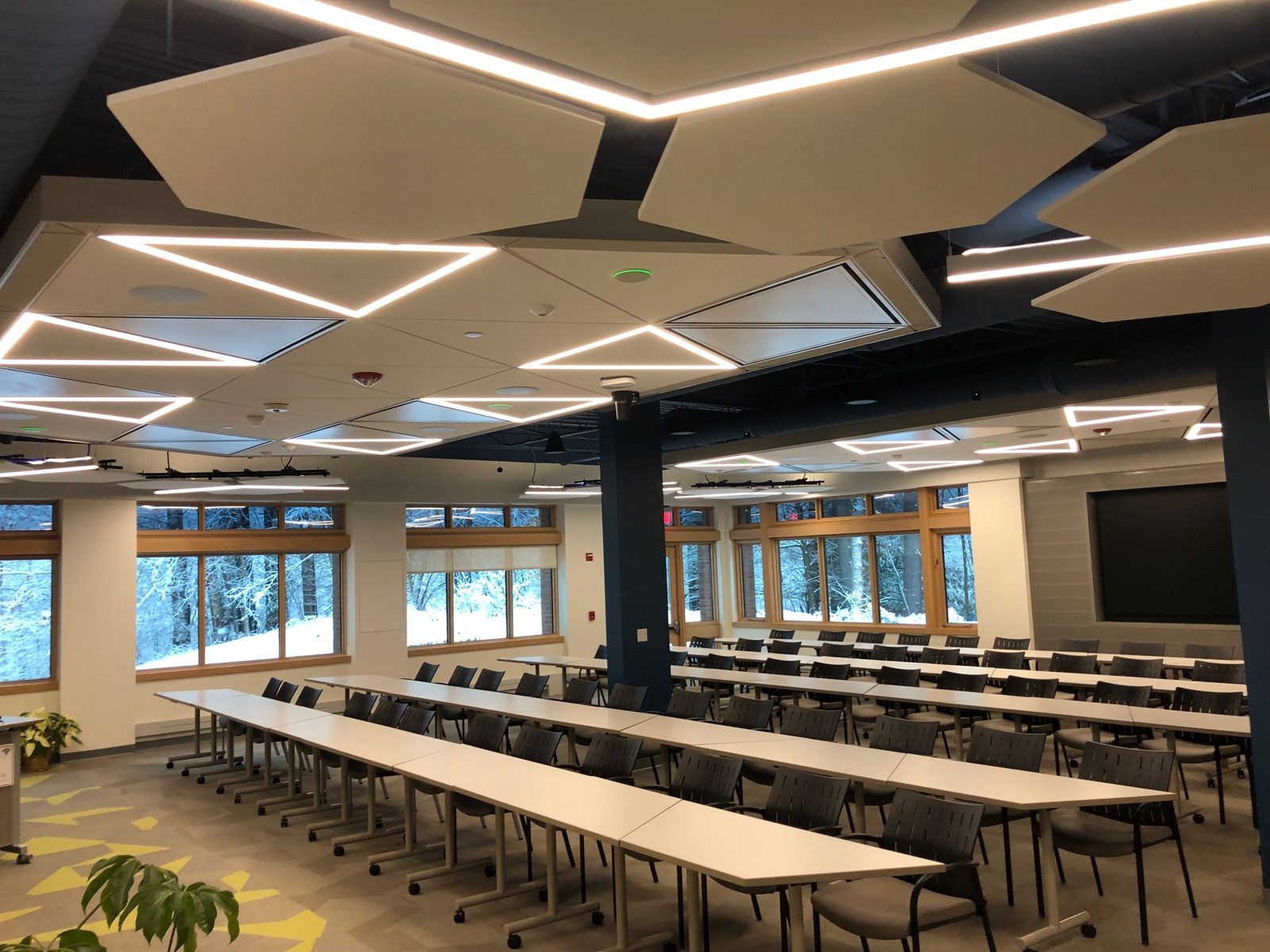 Training room with hexagonal acoustic panels and linear LED ceiling lighting at the Primex Training Center