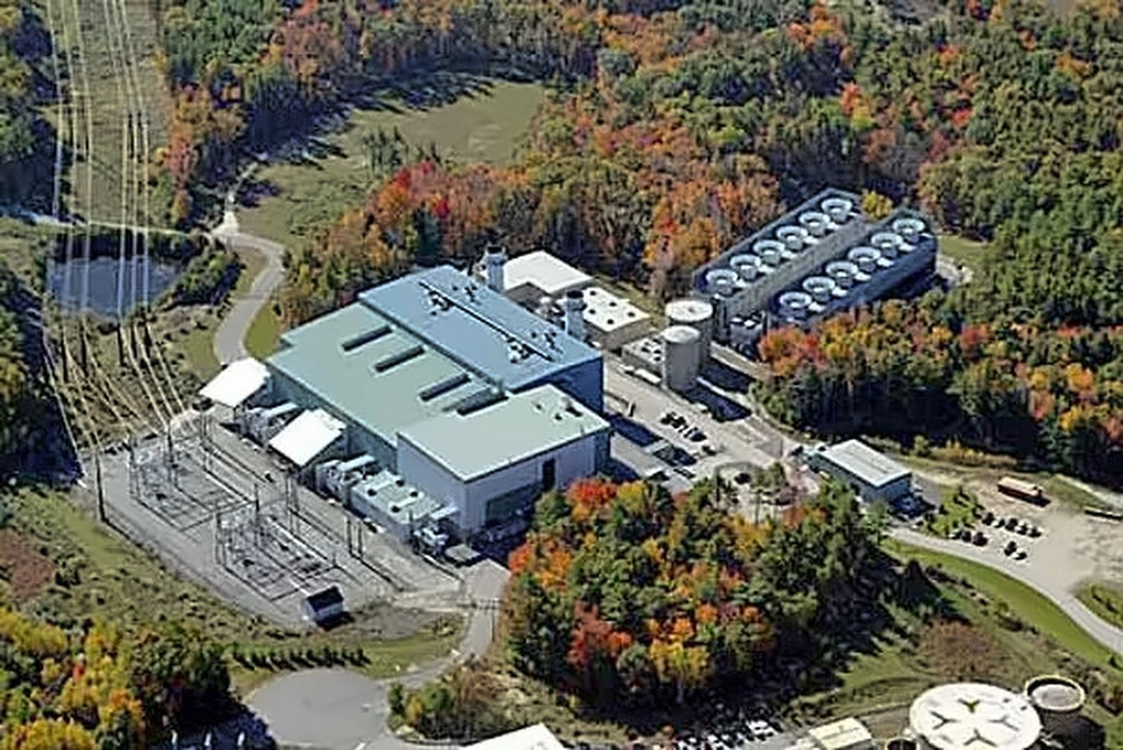 Aerial view of the Stonyfield yogurt plant and its electrical substation in Londonderry, New Hampshire